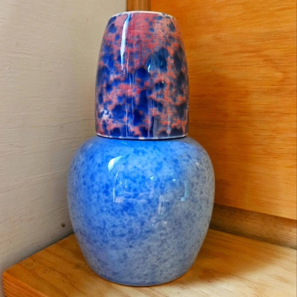 Decanter and Cup SET, Speckled Glazed Blue Pink Pottery, Mini Bedside Pitcher